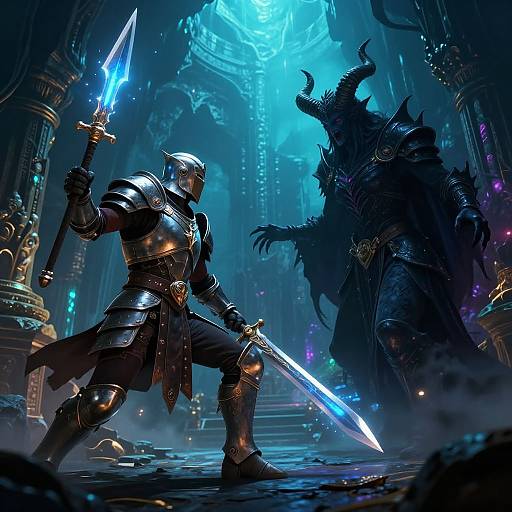 Digital fantasy artwork: armored knight with glowing blue sword faces dark, horned demon in neon-lit, gothic cathedral with towering pillars.