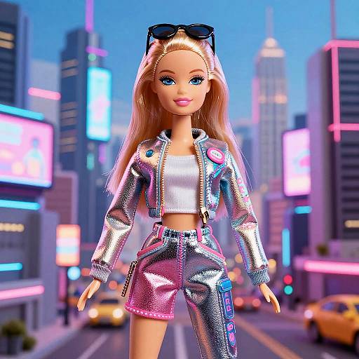 Photorealistic digital doll with long blonde hair, blue eyes, silver metallic jacket, white crop top, matching shorts, cityscape background, neon lights
