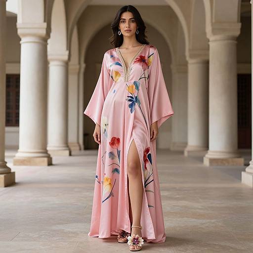 Elegant Woman in Floral Silk Kaftan
