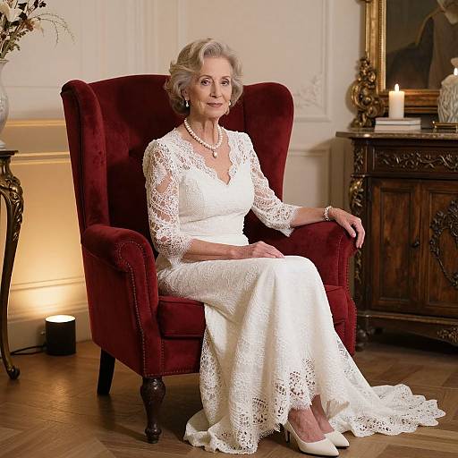 Elegant elderly woman with gray hair in white lace wedding dress, pearl necklace, and white heels, seated on red velvet chair in ornate room with