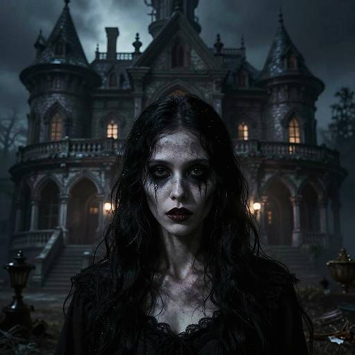 Dark, gothic photograph of a pale, eerie woman with long, wet black hair and dark makeup, standing in front of a haunted, Victorian-style