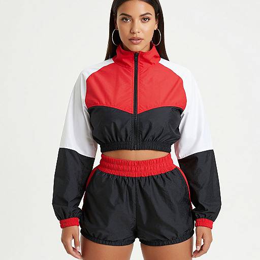 Photograph of a woman with medium brown skin, long black hair, wearing a red and black track jacket and matching shorts, large hoop earrings, standing