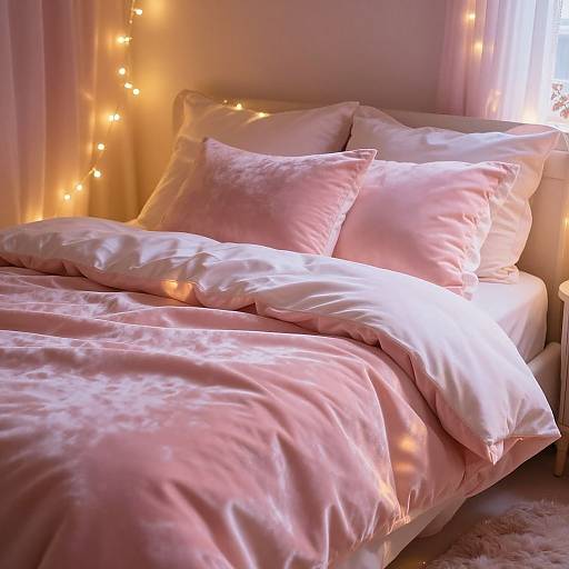 Photograph of a cozy, pink-themed bedroom with soft, pink pillows and duvet, fairy lights, and sheer curtains, bathed in warm light