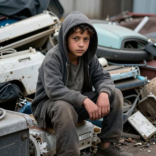 Photograph of a young boy with sad expression, wearing a gray hoodie and dark pants, sitting amidst a pile of rusty, wrecked cars.