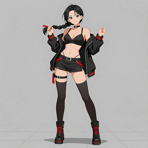 Confident Anime Woman in Black Outfit