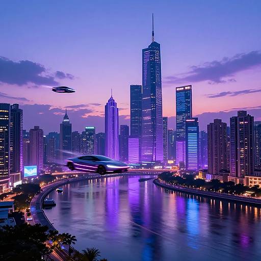 Photograph of a vibrant, neon-lit city skyline at dusk with towering skyscrapers, a river reflecting purple and blue lights, and a UFO