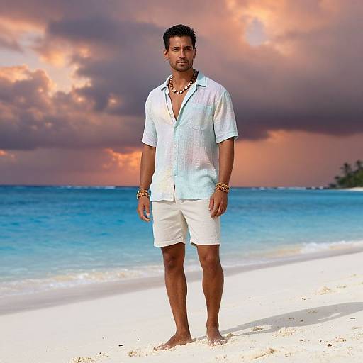 Photograph of a muscular, tan-skinned man with short black hair and beard, wearing a white shirt and shorts, standing on a tropical beach with
