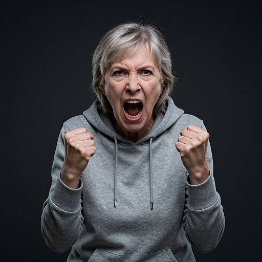 Photograph of an angry middle-aged woman with gray hair, clenched fists, and open mouth, wearing a gray hoodie against a black background.