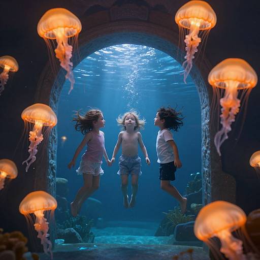 Photograph of three children underwater, holding hands, surrounded by glowing orange jellyfish, through an arched, dark stone structure.