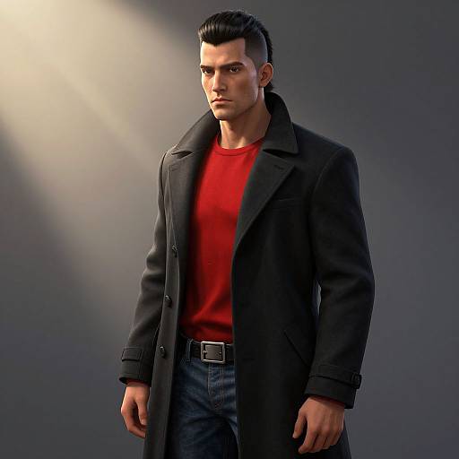 Photograph of a handsome, dark-haired man with a stern expression, wearing a black coat over a red shirt and blue jeans, standing under dramatic spotlight