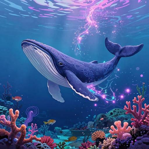 Digital artwork of a blue whale with glowing patterns, swimming among vibrant corals and fish in a radiant, underwater scene.