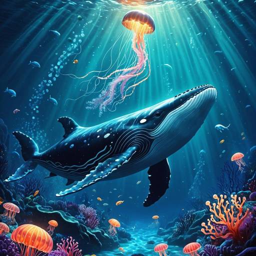 Whale Calf with Glowing Jellyfish in Deep Ocean