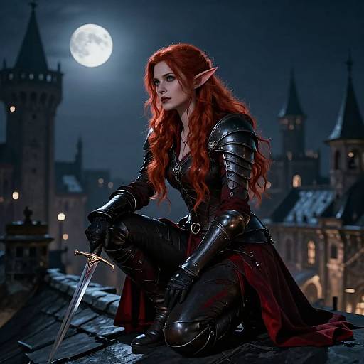 Digital fantasy artwork of a red-haired elf woman with pointed ears, wearing black armor and kneeling on a rooftop under a full moon, holding a sword in