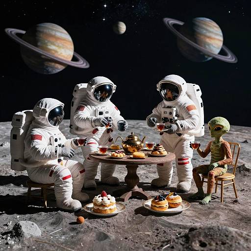 Photorealistic CGI of four astronauts in white suits and a green alien having tea with pastries on a moon surface, with two planets in the star