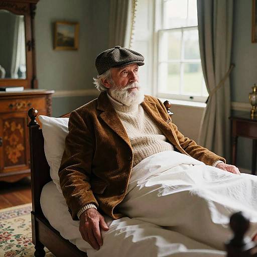 Photograph of an elderly white man with a white beard, wearing a brown corduroy jacket, checkered cap, and beige sweater, sitting in