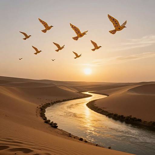 Photograph of a desert sunset with golden light, a winding river, and seven birds in flight over rolling sand dunes.