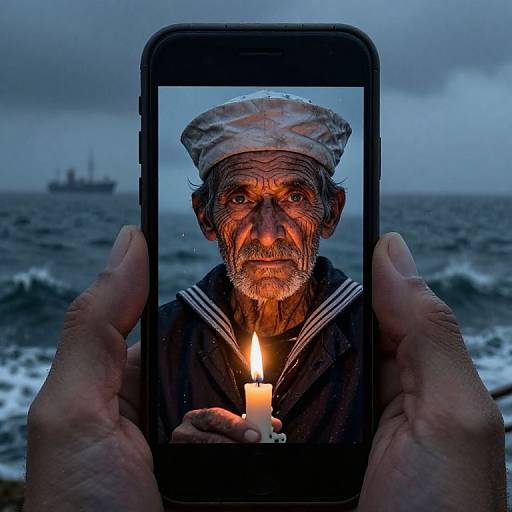 Photograph of an elderly sailor with weathered face, white cap, and dark sailor uniform, holding a candle, seen through a smartphone screen against a