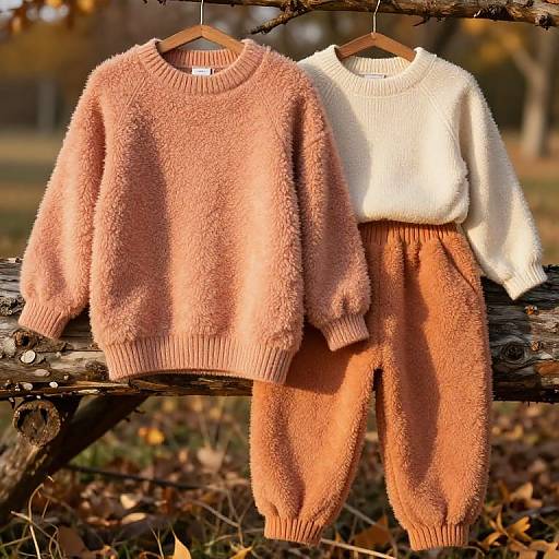 Photograph of two fuzzy, peach and cream-colored knit sweaters and pants hanging on a wooden branch in an autumn forest.