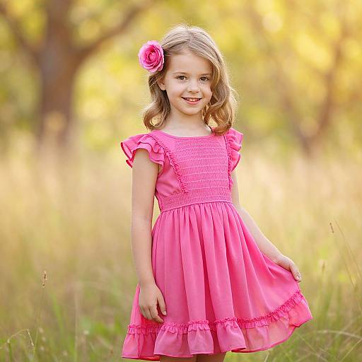 Photograph of a smiling young girl with light brown hair, wearing a pink dress and pink flower hair clip, standing in a sunlit, grassy
