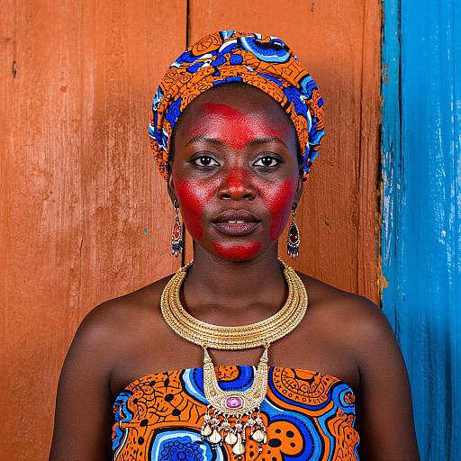 Photograph of a dark-skinned African woman with bright red face paint, blue and orange patterned cloth, gold jewelry, and beaded headpiece