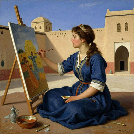 A painting of a young woman with brown hair in a blue dress, painting an Egyptian-style scene on an easel in a sunlit courtyard. Signature