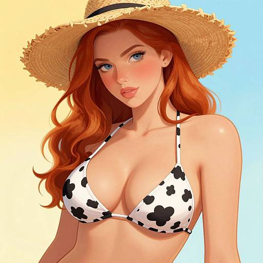 Digital anime-style illustration of a red-haired woman with blue eyes, wearing a straw hat and cow-print bikini, set against a gradient yellow-blue background.