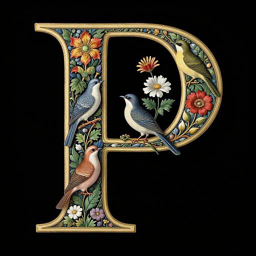 Illuminated Letter P with Birds and Flowers