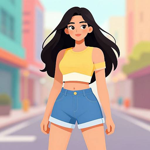 Digital illustration of a smiling young woman with long black hair, wearing a yellow crop top and blue high-waisted shorts, standing on a colorful,