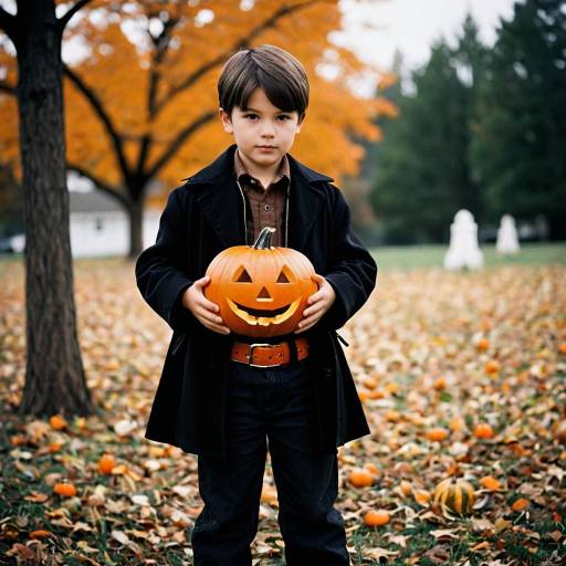 Boy Holding Jack-O'-Lantern in Autumn Park