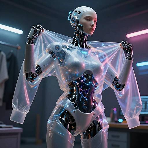 Photorealistic CGI of a futuristic, glowing, humanoid robot with a transparent, semi-sheer top, holding it open in a dimly lit