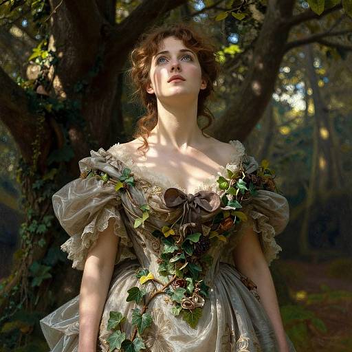 Photograph of a fair-skinned woman with curly brown hair, wearing an ornate, leaf-adorned, off-shoulder gown, standing
