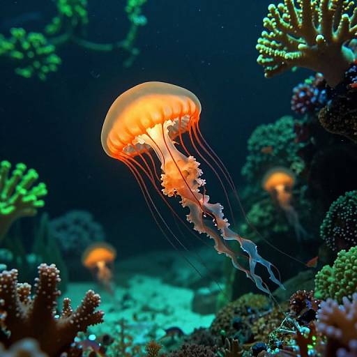 Photograph of a vibrant orange jellyfish with translucent, flowing tentacles, surrounded by colorful coral and other jellyfish in a deep blue ocean.