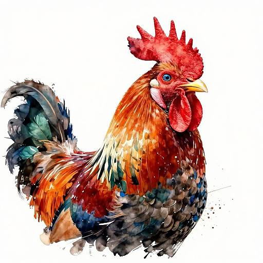 Vibrant digital painting of a rooster with a red comb, multicolored feathers in red, orange, black, and blue, set against