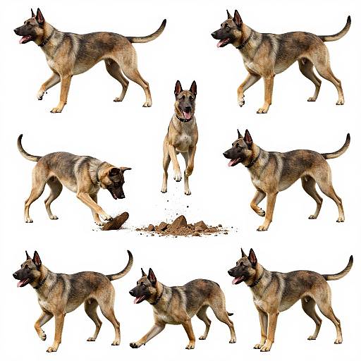 Photograph of nine German Shepherd dogs in various poses against a white background, showcasing different angles and expressions.