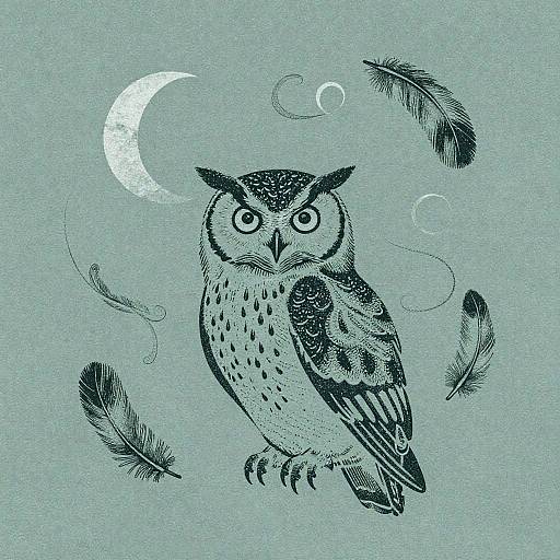 Minimalist Linocut Owl with Moon Crescents