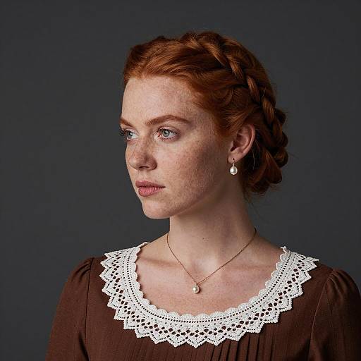 Red-haired Woman in Vintage Dress with Pearl Jewelry
