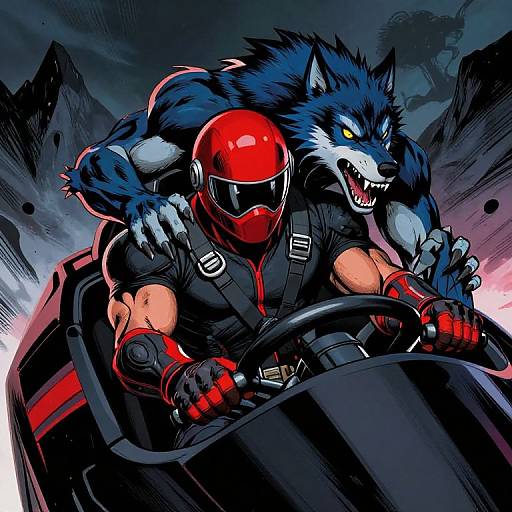Digital comic-style illustration of a muscular man in red helmet and black armor, driving a black vehicle with a fierce blue werewolf riding behind, mountains and