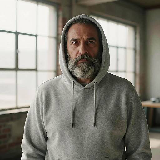 Photograph of a middle-aged man with a gray beard, wearing a light gray hooded sweatshirt, standing indoors near large windows.