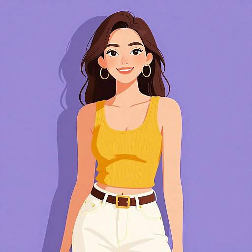 Digital illustration of a smiling woman with long brown hair, wearing a yellow tank top, white pants, and hoop earrings, against a purple background.