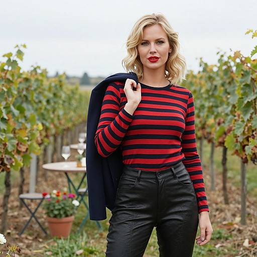 Photograph of a blonde woman with red lipstick, wearing a red and black striped sweater and black pants, holding a blue jacket, standing in a vine