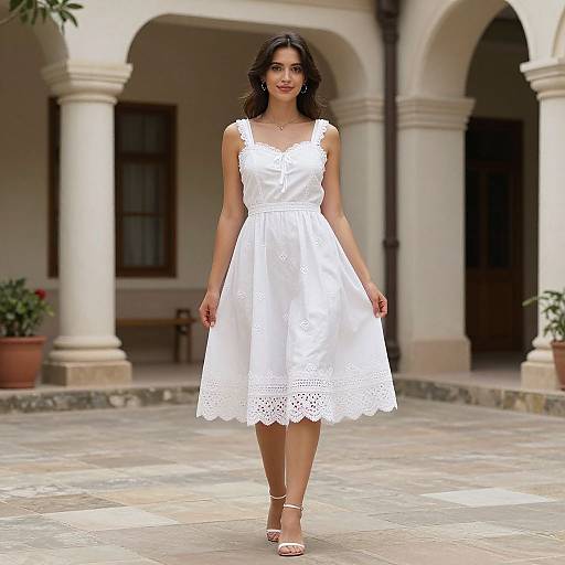 Photograph of a young woman with dark hair, wearing a white lace-trimmed dress and white sandals, walking on a stone courtyard with arched