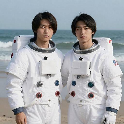 Two Astronauts Embrace on Beach