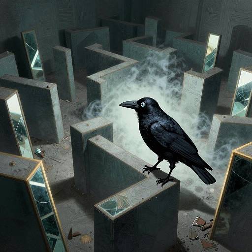 Digital art of a black crow with glowing blue eyes, perched on a misty, geometrically arranged, illuminated stone structure.