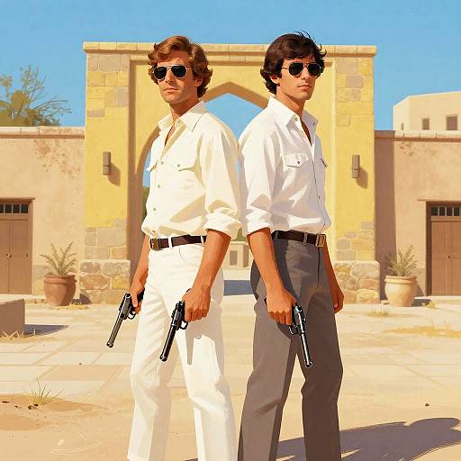 Digital art of two men in white and gray shirts, sunglasses, and holding guns, standing back-to-back in a sunny, desert courtyard.