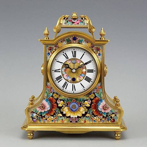 Ornate, gold, Victorian-style clock with colorful floral engravings, black Roman numerals, and a white face, set against a gradient