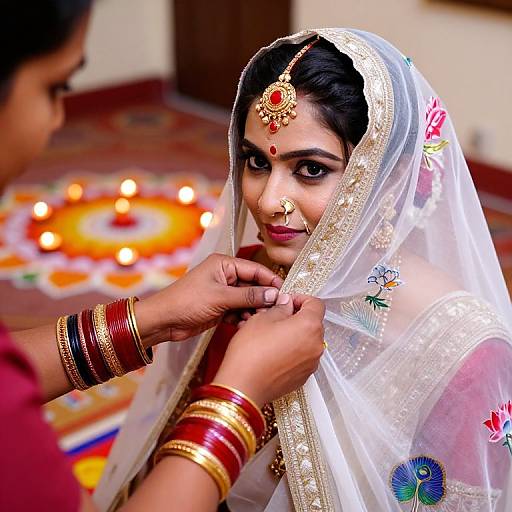 Photograph of a South Asian bride in a white embroidered veil and red sari, adorned with jewelry, being assisted with her veil by another woman,