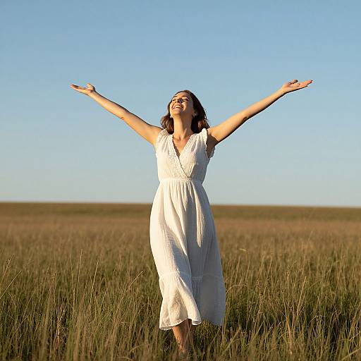Photograph of a smiling woman with dark hair, wearing a white, sleeveless dress, standing with arms outstretched in a grassy field under