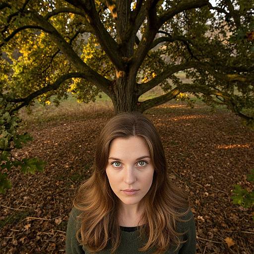 Photograph of a fair-skinned woman with brown hair, green eyes, and a serious expression, standing in front of a large, autumnal tree