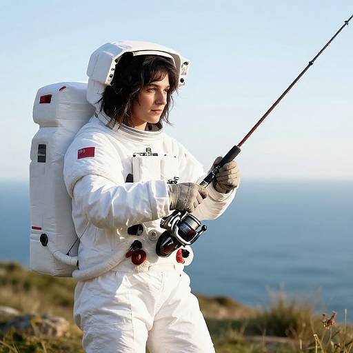 Photograph of a woman in a white astronaut suit with a backpack, holding a fishing rod, standing on a grassy cliff overlooking a blue ocean under
