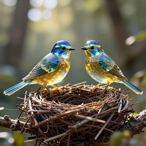 Luminous Liquid Glass Birds on Nest